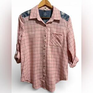 Ya Los Angeles Pink Plaid Button Down Shirt with Blue Design on Shoulders